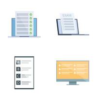 Online course icons set cartoon . Taking exam or test on device screen vector