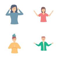 Meditating icons set cartoon . Young positive people meditating vector