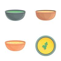 Soup puree icons set cartoon . Bowl of vegetable soup puree vector