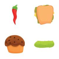 Fast food icons set cartoon . Sandwich hot pepper cucumber and cupcake vector