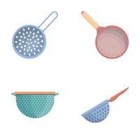 Metal colander icons set cartoon . Colander of various shape and color vector