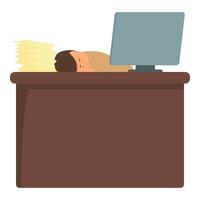 dormido persona en escritorio icono dibujos animados . cansado trabajador obsesivo vector