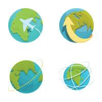 Around globe icons set cartoon . Passenger plane flies around earth vector