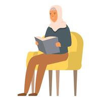 Arabic girl on armchair icon cartoon . Reading study book vector