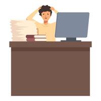 Workaholic female at office desk icon cartoon . Success ideas vector