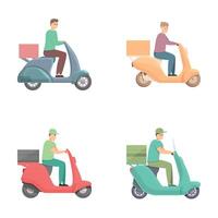 Fast delivery icons set cartoon . Delivery man riding on scooter vector