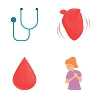 cardiología enfermedad íconos conjunto dibujos animados . paciente con corazón enfermedad vector