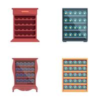 Wine box icons set cartoon . Wine bottle inside wooden cabinet vector