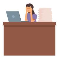 Tired woman at office desk icon cartoon . Work busy vector