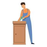 Carpenter fixing furniture icon cartoon . Using screwdriver vector