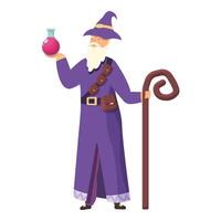 Old alchemist with magical potion icon cartoon . Liquid jar vector