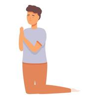 Boy praying on knees icon cartoon . Spiritual love vector