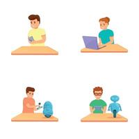 School project icons set cartoon . Children with laptop creating robot vector