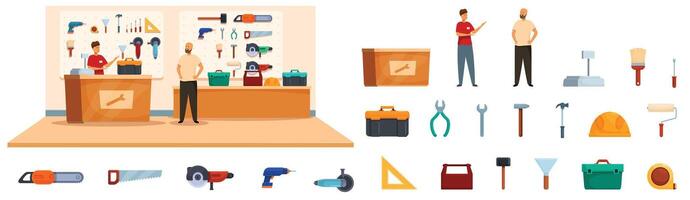 Man buy toolbox icons set cartoon . Construction fixing vector