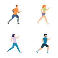 corriendo maratón íconos conjunto dibujos animados . trotar personas grupo vector