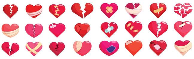 Cracked heart icons set cartoon . Broken bandage vector