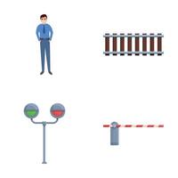 Railroad concept icons set cartoon . Train driver semaphore and barrier vector