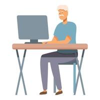 Senior man working at computer icon cartoon . Internet work vector