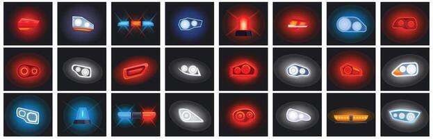 Glow car headlight beams icons set cartoon . Flare siren vector