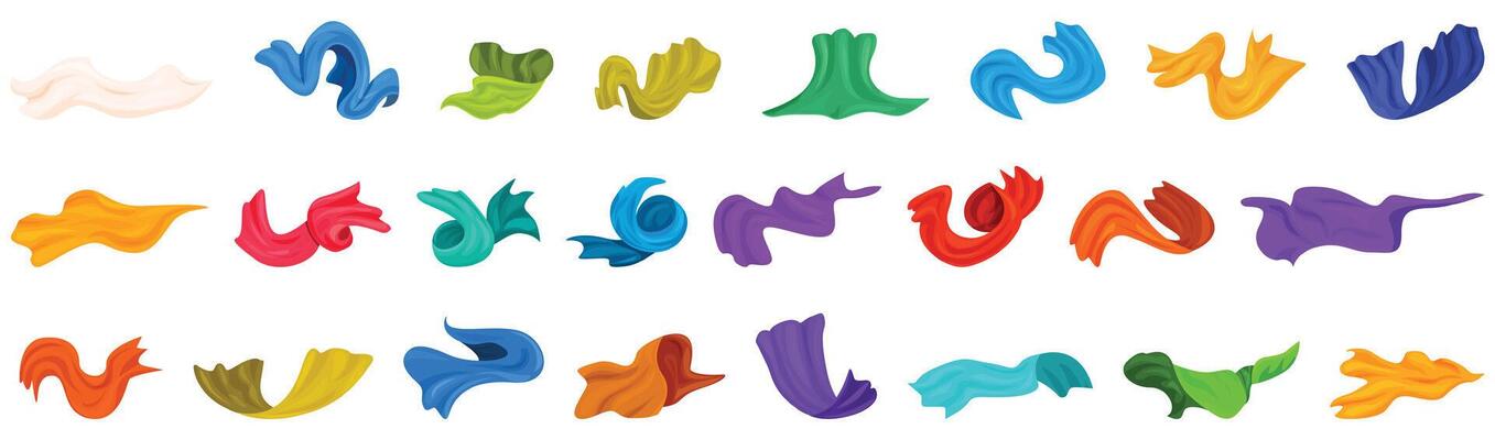 Satin cloth waves floating icons set cartoon . Silk ribbon