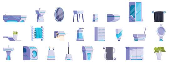 Futuristic bathroom interior icons set cartoon . Furniture staff vector