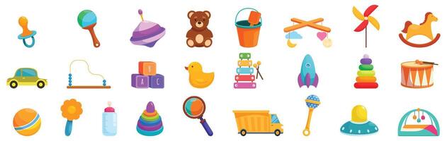 First babies toys icons set cartoon . Newborn baby vector