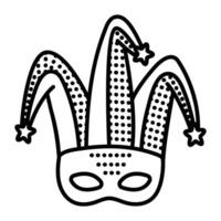 Jester masquerade mask with a hat, harlequin costume part, single black line icon vector