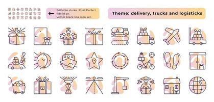 Supply chain, trucks, logistic, delivery. Line icon set with light gradient background. 24 signs 48x48 px editable stroke, pixel perfect and 300x300 px pictograms vector