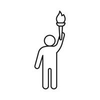 Torch with fire in hands of person, line icon. Burning torch symbol of sport games. Competition of athletes in sport for winning champion. Flame of victory vector