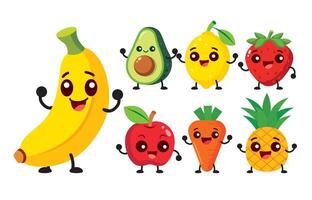 linda dibujos animados vegetales y Fruta personaje conjunto vector