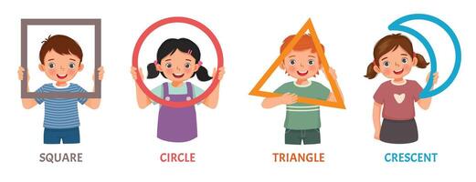 Cute kids with basic geometric shapes such as square, circle, triangle, crescent vector