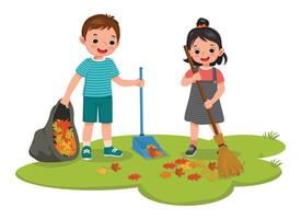 Cute little kids boy and girl raking fallen autumn leaves into plastic bag cleaning up in the garden vector