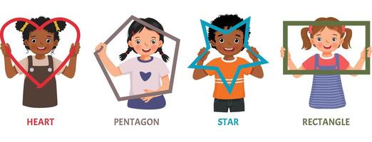 Cute kids with basic geometric shapes such as heart, pentagon, star, rectangle vector