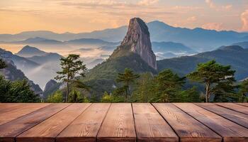 empty tabletop with mountain view landscape photo