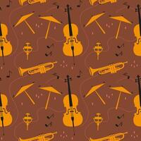 Seamless pattern with musical instruments with cello, trumpet, drums, double bass, microphone, notes. Hand drawn repeating texture background for music festival, jazz party. For print, paper, flyer vector