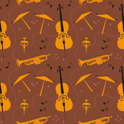 Seamless pattern with musical instruments with cello, trumpet, drums, double bass, microphone, notes. Hand drawn repeating texture background for music festival, jazz party. For print, paper, flyer