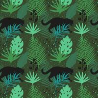Tropical seamless pattern with panther, exotic flowers and leaves. Hand drawn illustration. Repeating green background with plants and jungle animals. Trendy boho style for textile, wrapping vector