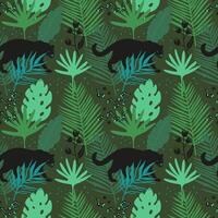 Tropical seamless pattern with panther, exotic flowers and leaves. Hand drawn illustration. Repeating green background with plants and jungle animals. Trendy boho style for textile, wrapping vector