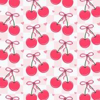 Seamless pattern of pink cherries and bows. Gift ribbons on checkered background. Coquette core cute trendy design. Design for wrapping paper, packaging, fabric, textile, home decor, gifts vector