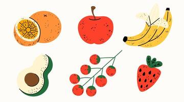 Healthy breakfast. Set of vegetables and fruits. Collection of various food orange, banana, apple, avocado, tomato, strawberry. Hand draw illustration, isolated on a white background. vector