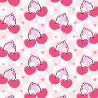 Seamless pattern of pink cherries and bows. Gift ribbons on checkered background. Coquette core cute trendy design. Design for wrapping paper, packaging, fabric, textile, home decor, gifts vector