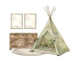 Watercolor composition with a green wigwam, chest of drawers, photo frames and a round carpet. Isolated hand drawn illustration for children's interior, cards, stickers, textiles, design. vector