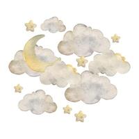 Children's composition with watercolor gray clouds, yellow stars and a month. Watercolor illustration for cards, stickers, textiles, design, invitations, website, logo. vector