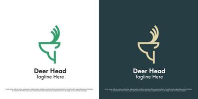 Deer head logo design illustration. Linear silhouette of deer antlers horn animal body herbivore wildlife mascot reindeer fawn elk gazelle buck stag. Modern minimalist geometric simple icon symbol. vector