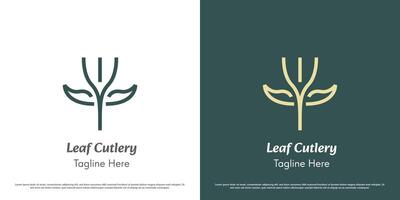 Leaf Fork logo design illustration. Silhouette of linear lines cutlery fork leaf leaves green cafe restaurant food kitchen spices drinks dinner lunch delicious green nature. Modern minimal icon. vector