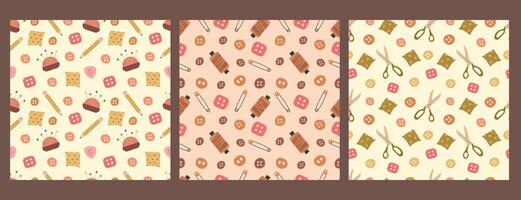 Sewing seamless patterns set. Pincushion, scissors, thread, pins and buttons. For wrapping paper, background, cover, case vector
