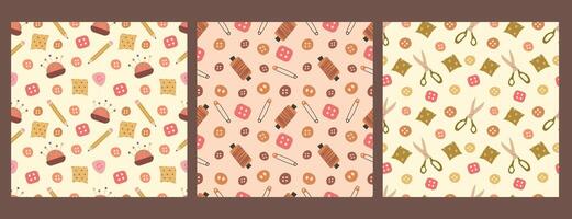 Sewing seamless patterns set. Pincushion, scissors, thread, pins and buttons. For wrapping paper, background, cover, case vector