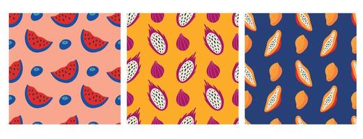 Exotic fruits seamless pattern set. Papaya, pitaya, watermelon. Summer pattern set for packaging, clothing, case, cover vector