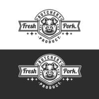 pig head pork farm butcher shop vintage badge logo design template vector