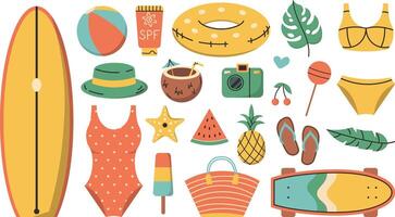 Summer set for sticker. Bright summertime poster. Collection elements for summer holiday vector